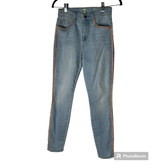 7 For All Mankind Girls Ankle Skinny Jeans Size 25 w/Pink Metallic Fringe - Picture 1 of 8